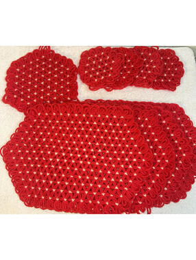 Vtg Crochet Placemat Set 4 w/ 4 Coaster's 1 Trivet Handmade Holiday Christmas